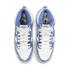 Top view of Nike SB Dunk High Carpet Company sneakers featuring blue accents and premium white leather.