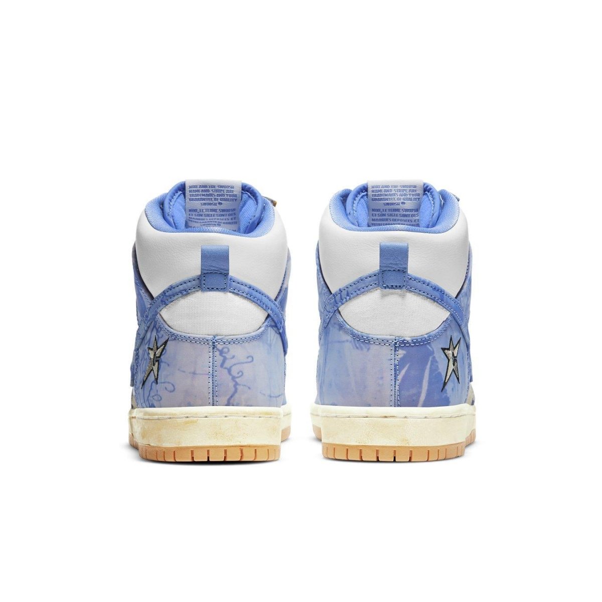 Nike SB Dunk High Carpet Company sneakers showing the blue and white leather back design with unique detailing.