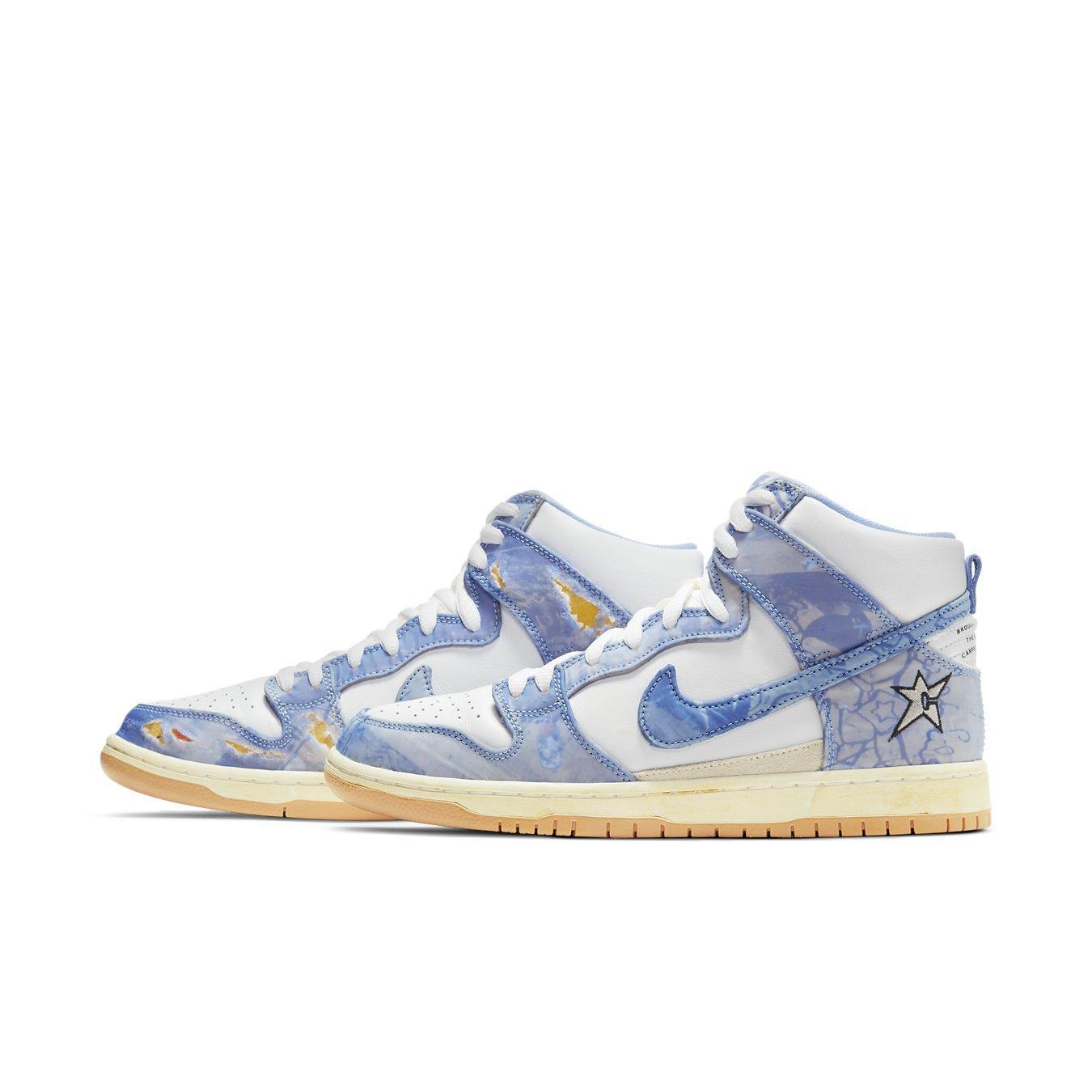 Nike SB Dunk High Carpet Company featuring white leather and unique blue patterns, designed for skateboard enthusiasts.