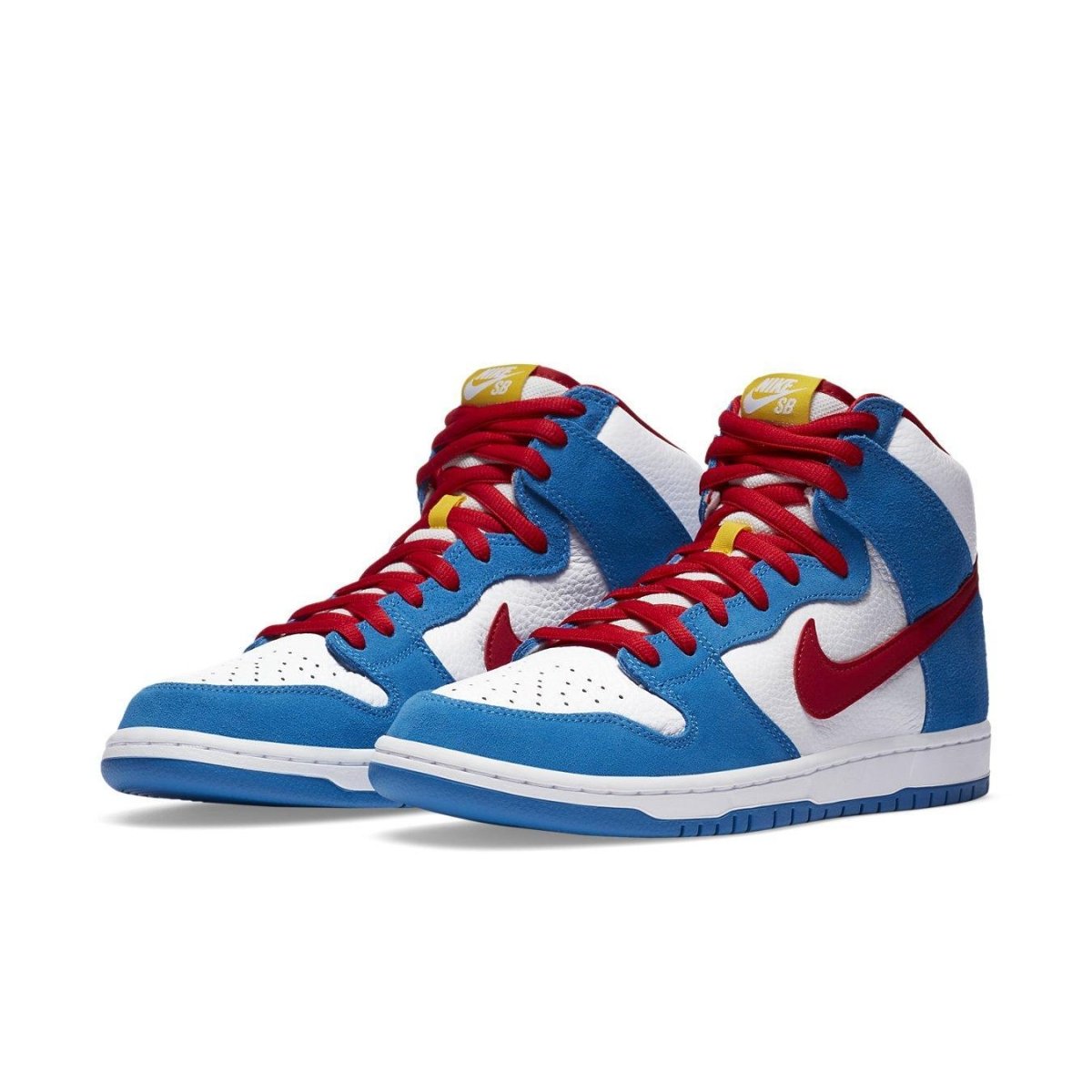 Nike SB Dunk High Doraemon featuring white, blue, and red colorway with suede and leather details.