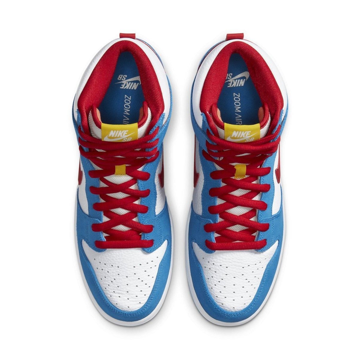 Nike SB Dunk High Doraemon sneakers featuring blue suede, white leather, and bright red accents on laces and collar.