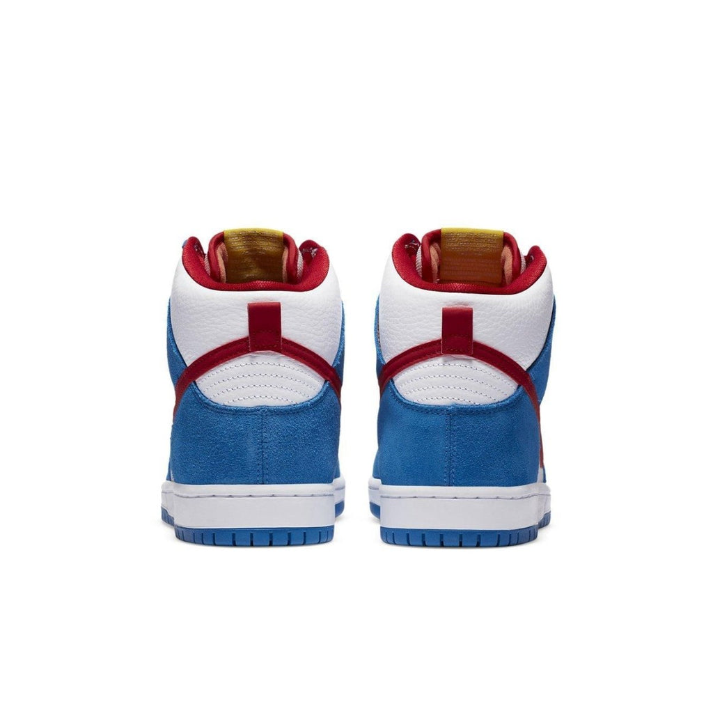 Nike SB Dunk High Doraemon showcasing the blue and white colorway with red accents from the back view.