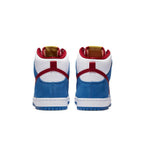 Nike SB Dunk High Doraemon showcasing the blue and white colorway with red accents from the back view.
