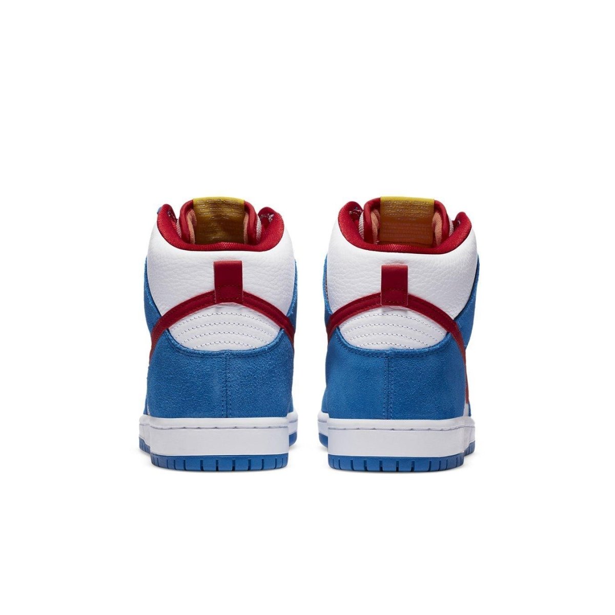 Nike SB Dunk High Doraemon showcasing the blue and white colorway with red accents from the back view.
