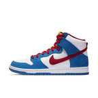 Nike SB Dunk High Doraemon sneakers featuring white leather, blue suede, and vibrant red accents.