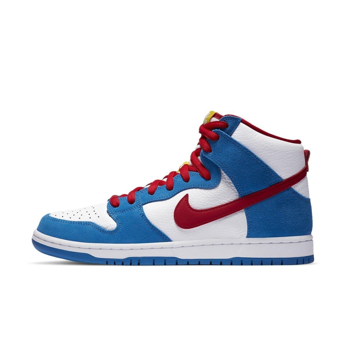 Nike SB Dunk High Doraemon sneakers featuring white leather, blue suede, and vibrant red accents.