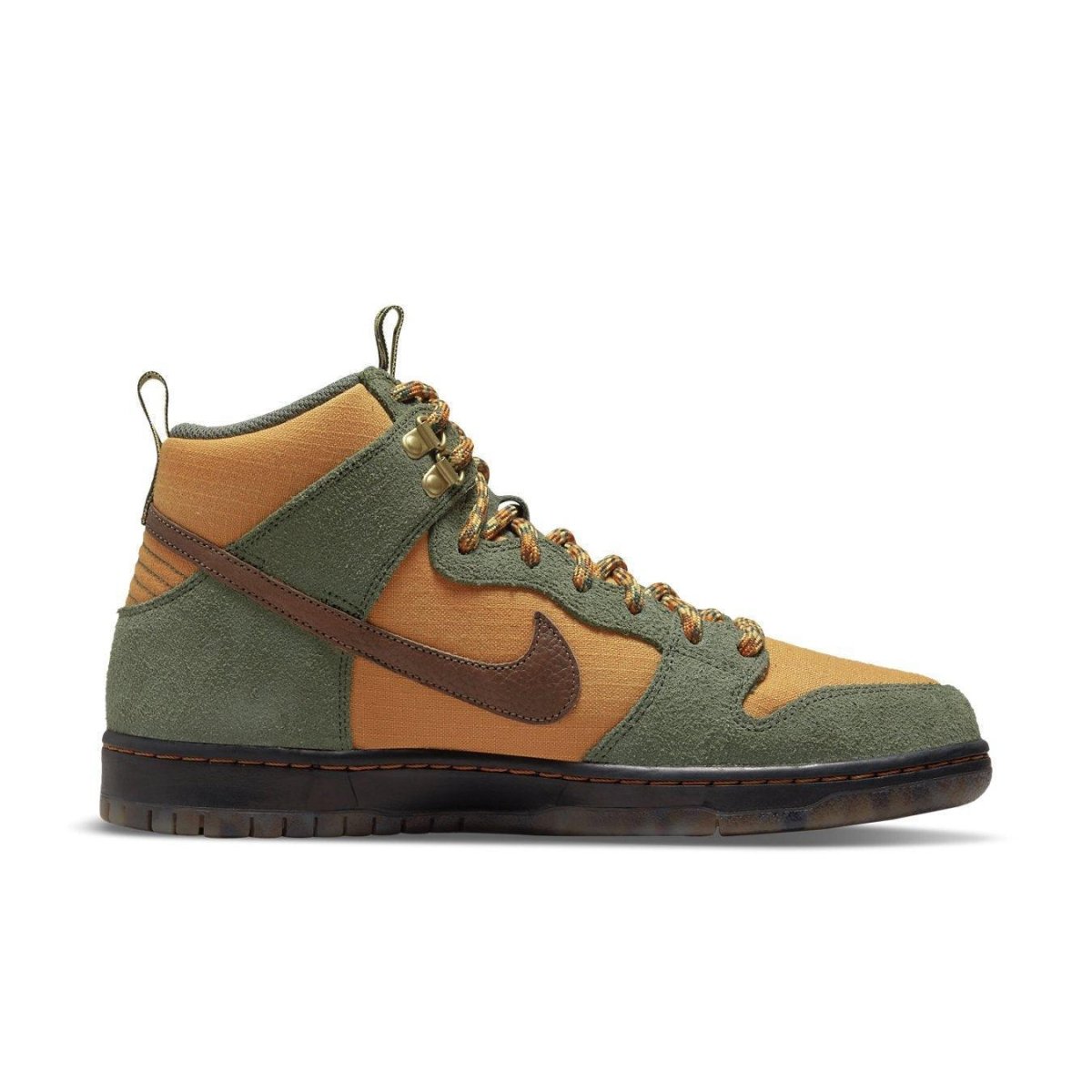 Nike SB Dunk High Pass~Port Work Boots in earthy brown and green colorway with metal eyelets and rope laces.