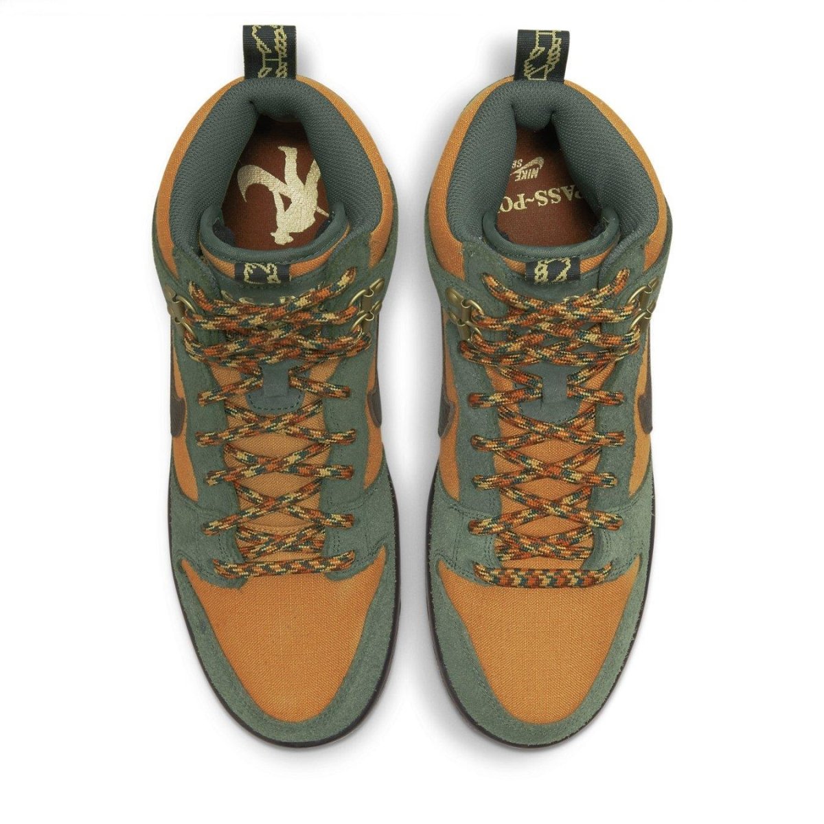 Nike SB Dunk High Pass~Port Work Boots in brown and green with metal eyelets and rope laces.