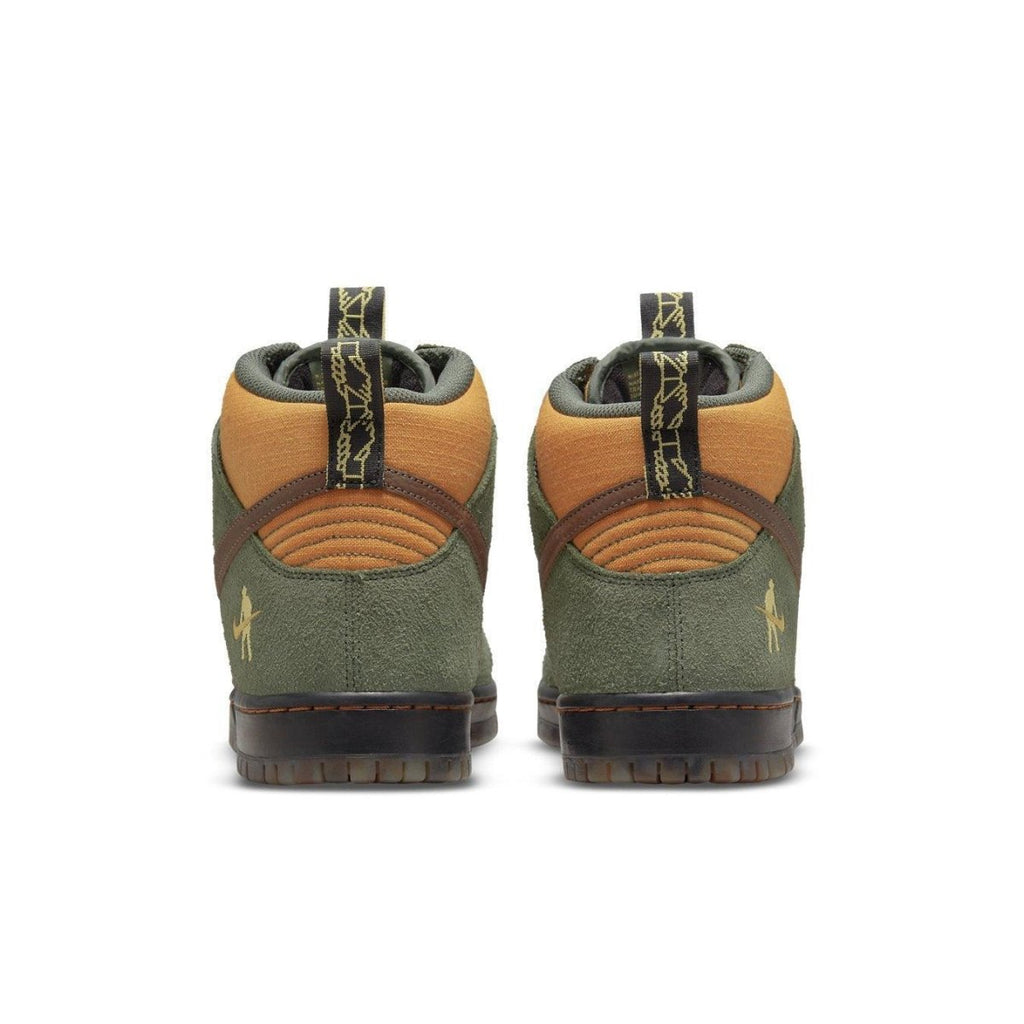 Back view of Nike SB Dunk High Pass~Port Work Boots in green and brown with unique lacing and textured details.