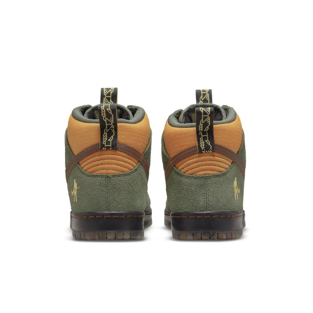 Back view of Nike SB Dunk High Pass~Port Work Boots in green and brown with unique lacing and textured details.