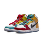 Nike SB Dunk High Pro froSkate All Love sneakers, colorful leather overlays, white base, designed for inclusivity in skate culture.