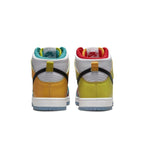 Back view of Nike SB Dunk High Pro froSkate All Love shoes showcasing colorful leather overlays.