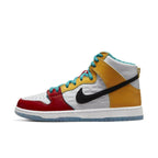 Nike SB Dunk High Pro froSkate All Love multicolored sneakers featuring leather overlays and 'All Love No Hate' mantra.