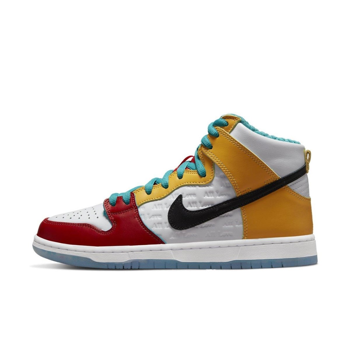Nike SB Dunk High Pro froSkate All Love multicolored sneakers featuring leather overlays and 'All Love No Hate' mantra.