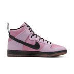 Nike SB Dunk High Pro KCDC in pink suede with black Swoosh and laces, showcasing a stylish skate shoe design.