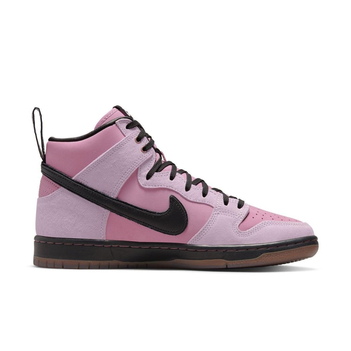 Nike SB Dunk High Pro KCDC in pink suede with black Swoosh and laces, showcasing a stylish skate shoe design.