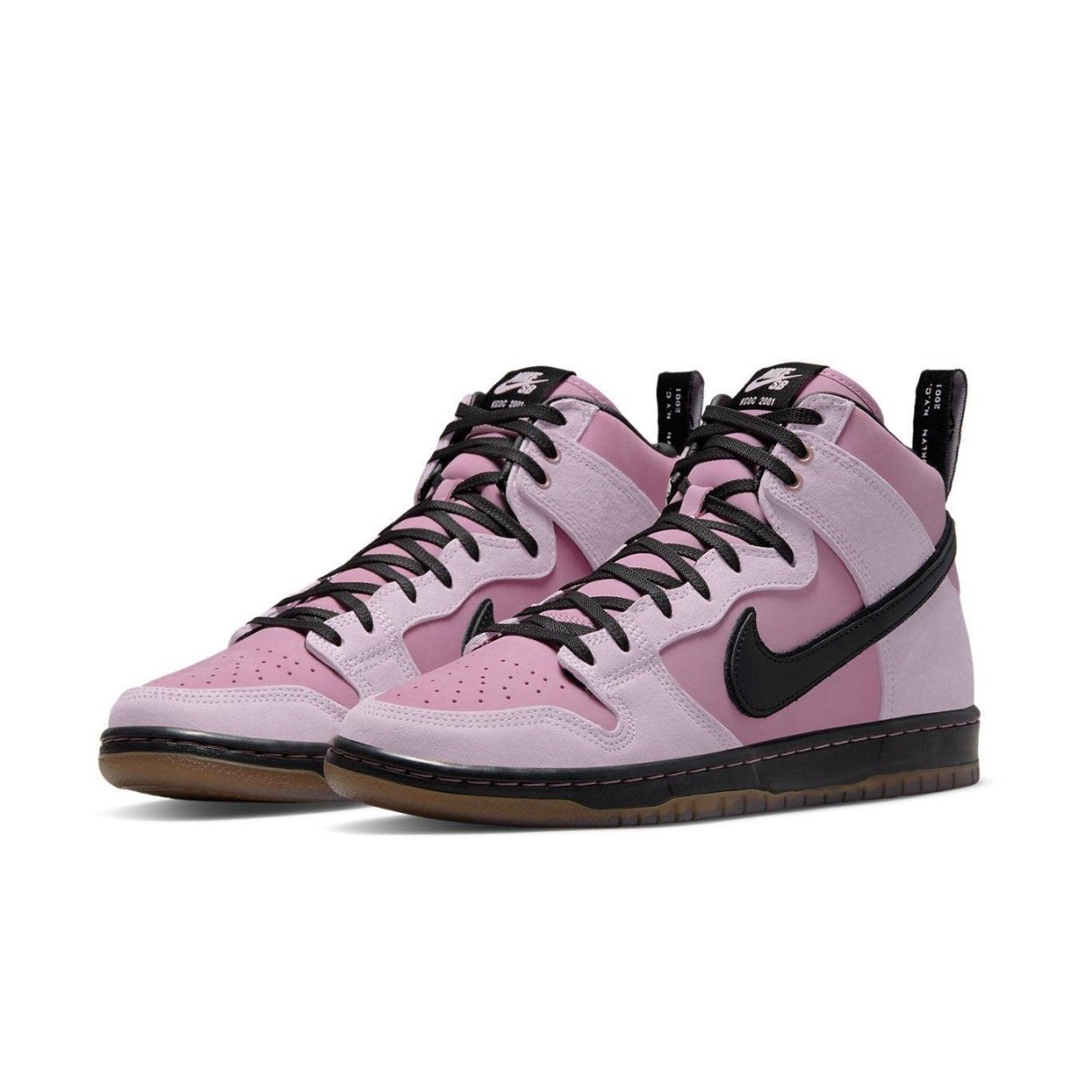 Nike SB Dunk High Pro KCDC in pastel pink with black Swoosh and gum sole, collaboration with KCDC skate shop.