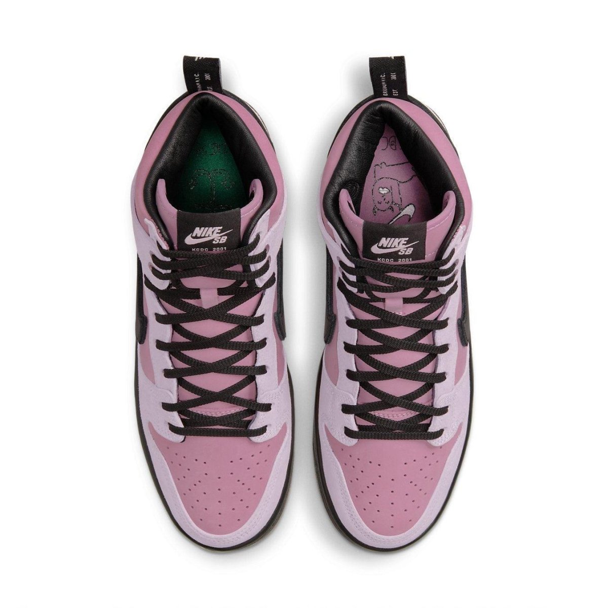 Nike SB Dunk High Pro KCDC in pink and black, featuring suede upper and unique design from Brooklyn's KCDC.