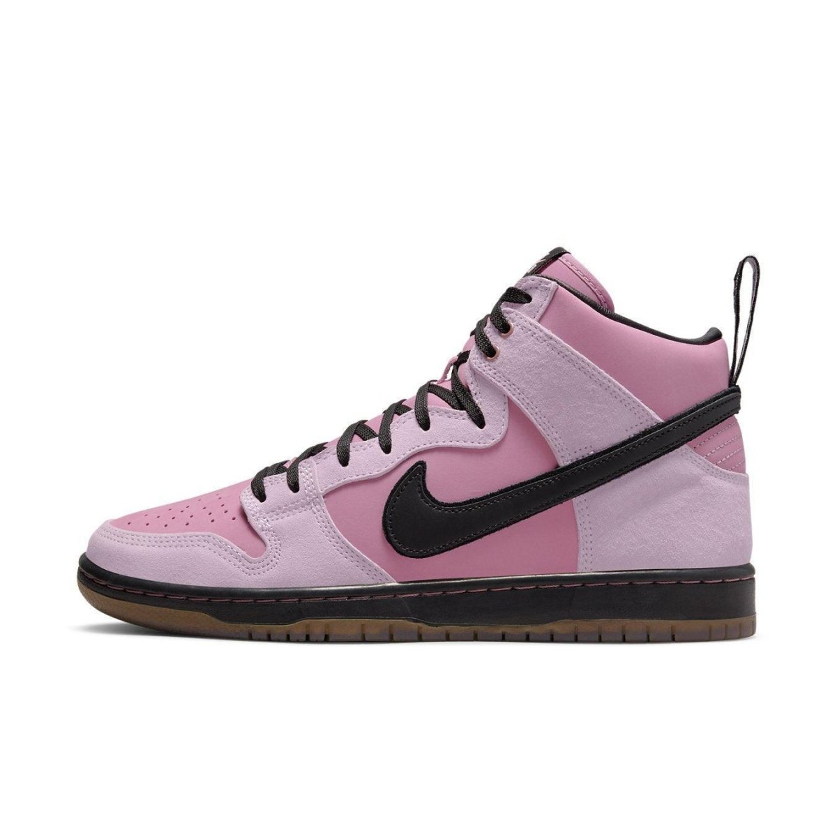 Nike SB Dunk High Pro KCDC in pink suede with black Swoosh and laces, side view.
