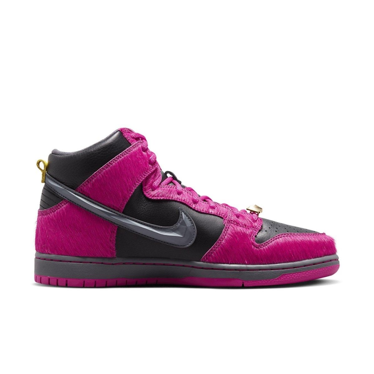 Nike SB Dunk High Run The Jewels sneaker in black leather and vibrant pink pony hair.