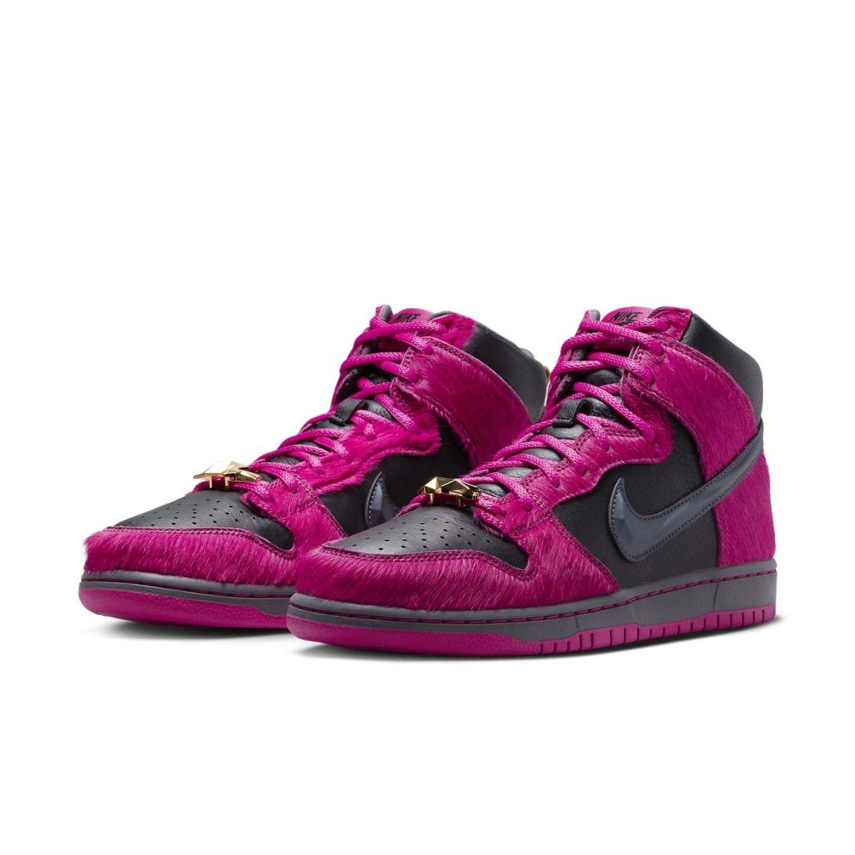 Nike SB Dunk High Run The Jewels sneakers with black leather and pink pony hair accents.