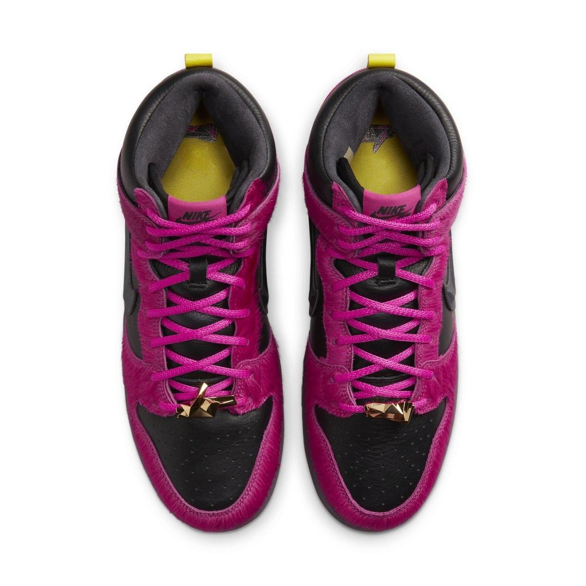 Nike SB Dunk High Run The Jewels in black and pink, featuring luxurious leather and pony fur details.