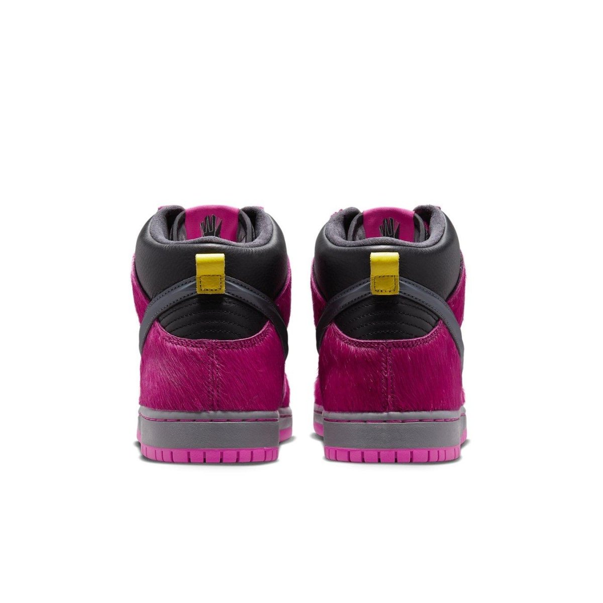 Nike SB Dunk High Run The Jewels sneaker, featuring stylish black leather and vibrant pink pony hair accents.