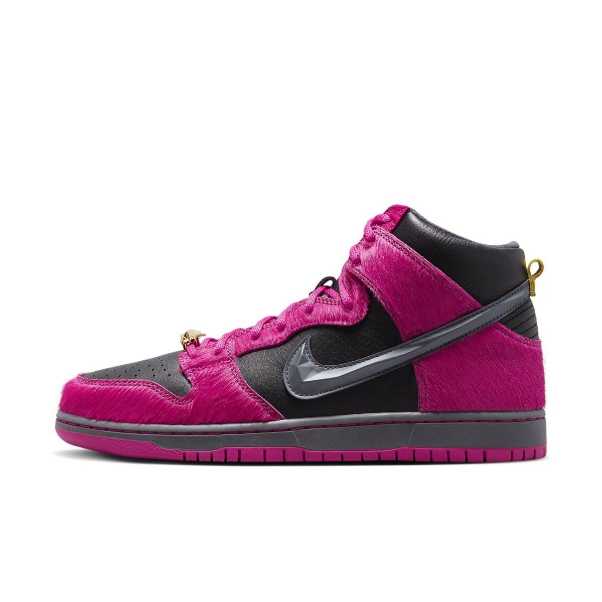 Nike SB Dunk High Run The Jewels sneaker featuring black leather and pink pony hair accents.
