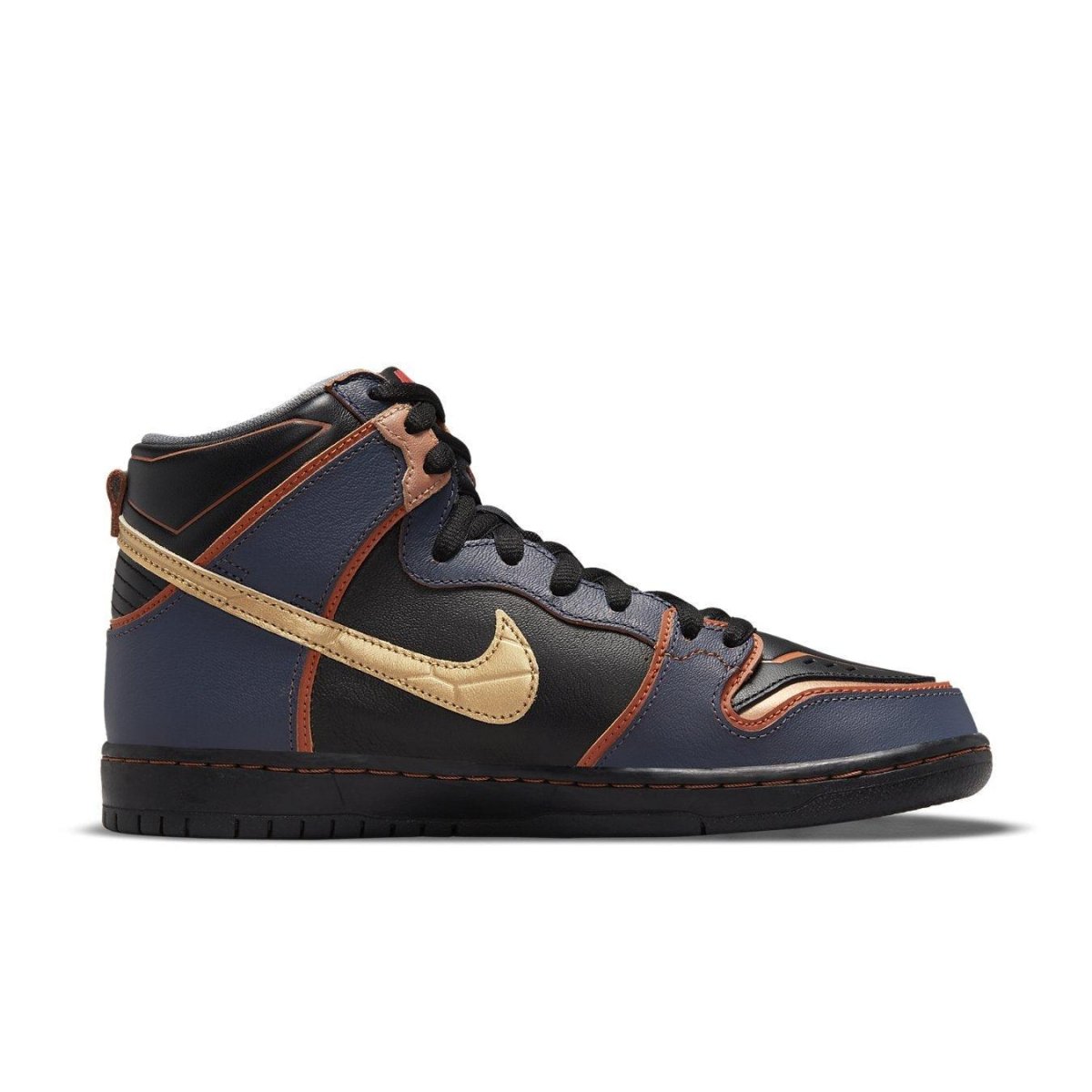 Nike SB Dunk High RX-0 Unicorn Gundam 02 Banshee sneaker in black and navy with gold accents.