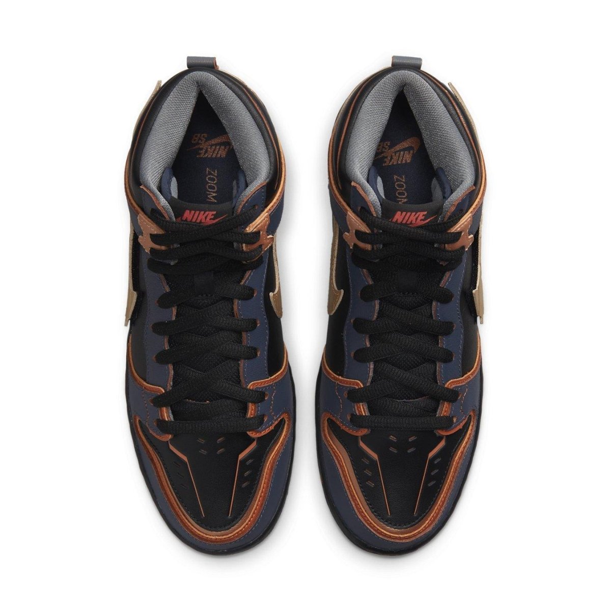 Nike SB Dunk High RX-0 Unicorn Gundam 02 Banshee sneakers, black and navy, overhead view.