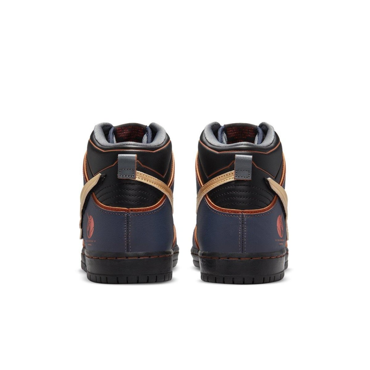 Nike SB Dunk High RX-0 Unicorn Gundam 02 Banshee rear view with black leather and orange accents.