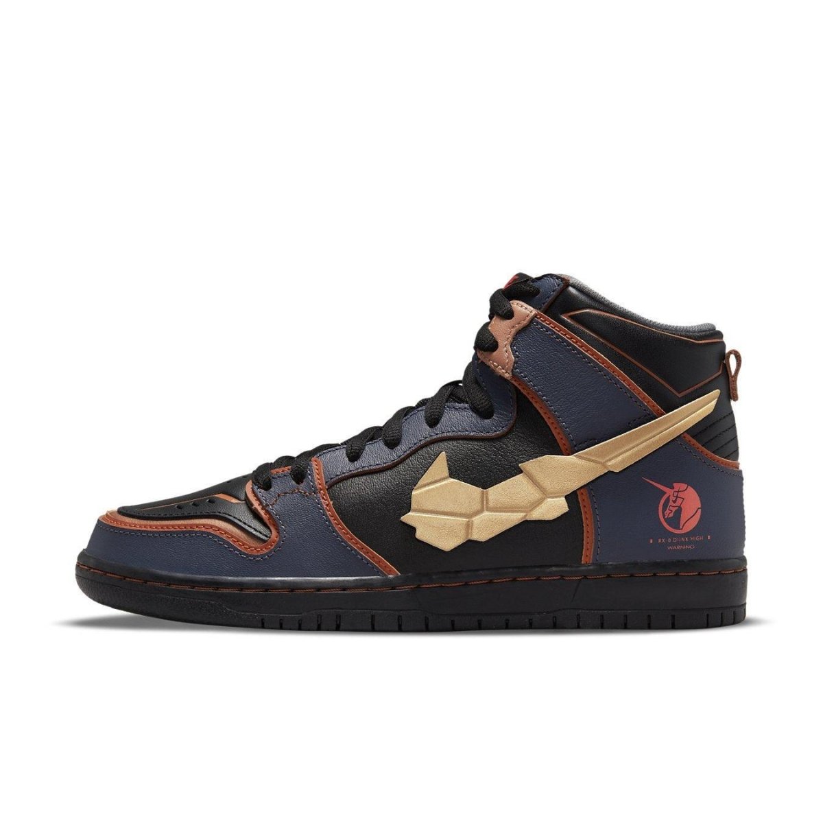 Nike SB Dunk High RX-0 Unicorn Gundam 02 Banshee sneaker in black leather with gold accents.