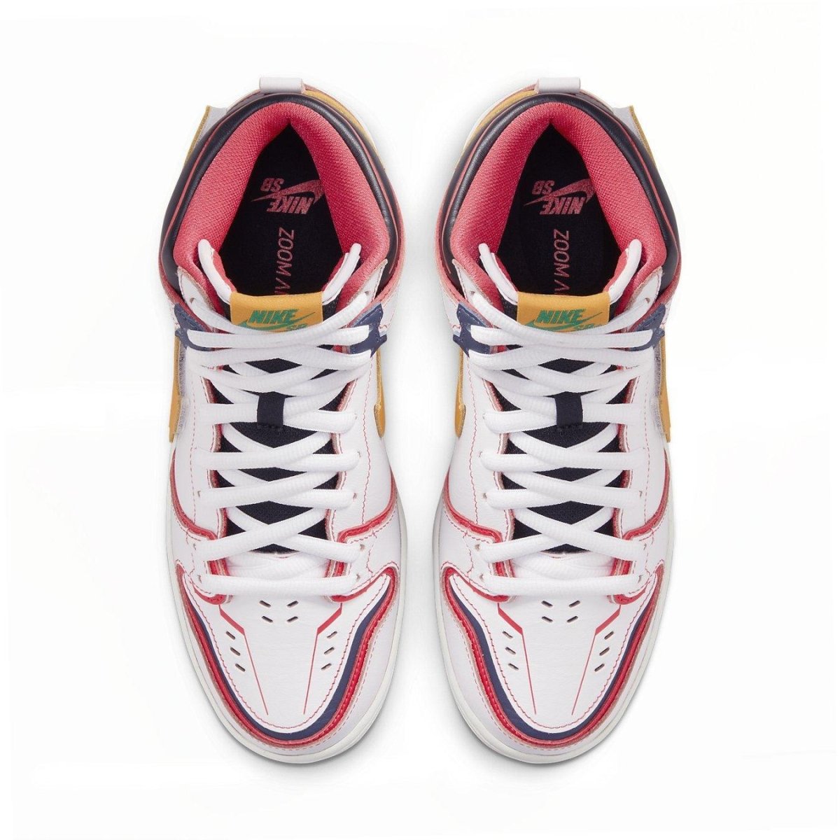Top view of Nike SB Dunk High RX-0 Unicorn Gundam sneakers with vibrant colors and unique design.