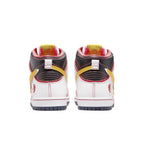 Rear view of Nike SB Dunk High RX-0 Unicorn Gundam sneakers, featuring red, black, and white colorway.