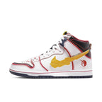 Nike SB Dunk High RX-0 Unicorn Gundam, white leather upper, mecha-inspired design, vibrant accents.