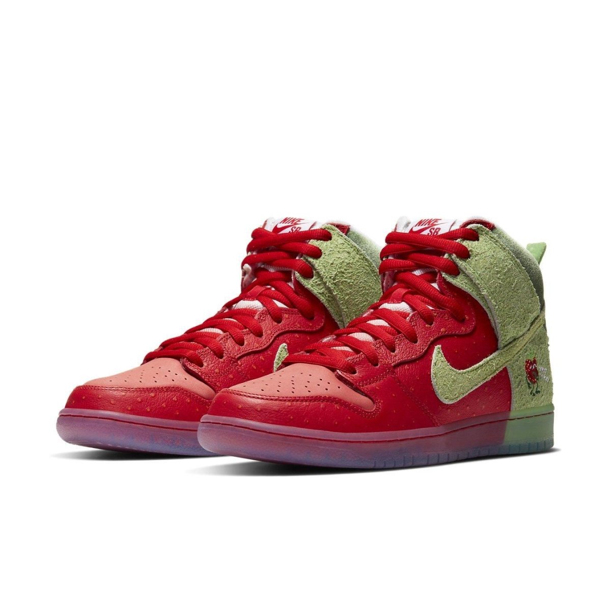 Nike SB Dunk High Strawberry Cough sneaker in red and green suede with strawberry details and embroidered heel.