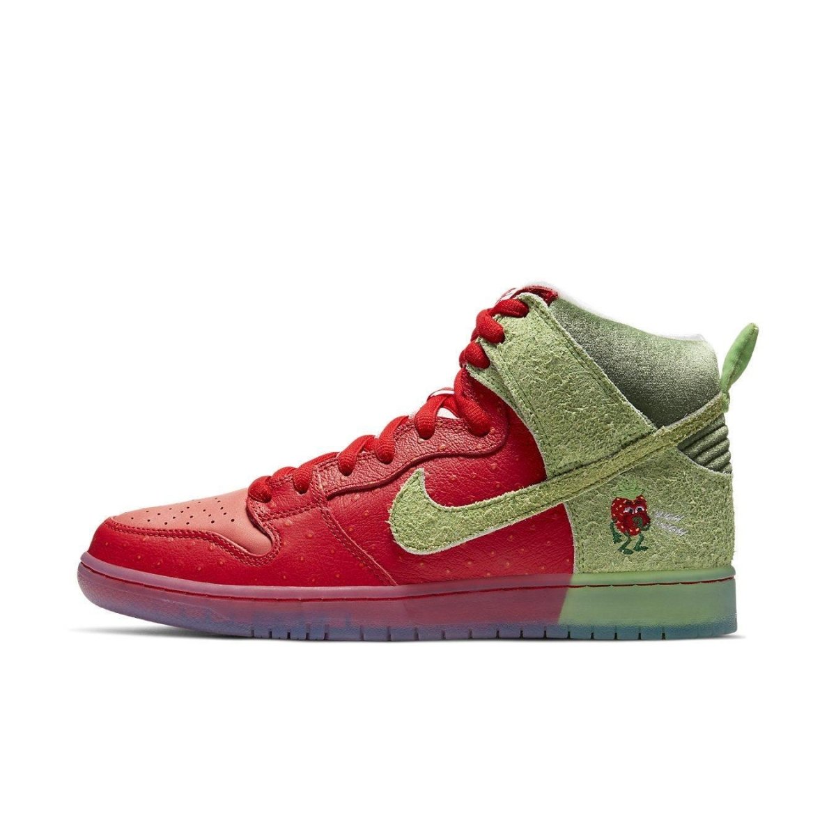 Nike SB Dunk High Strawberry Cough featuring red suede and leather with strawberry accents and a green suede heel.