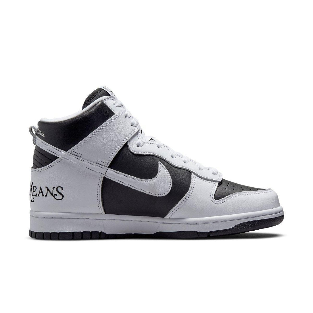 Nike SB Dunk High Supreme 'By Any Means' in black and white leather with stylish design details.