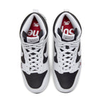 Nike SB Dunk High Supreme 'By Any Means' sneakers in black and white, top view showcasing design details.