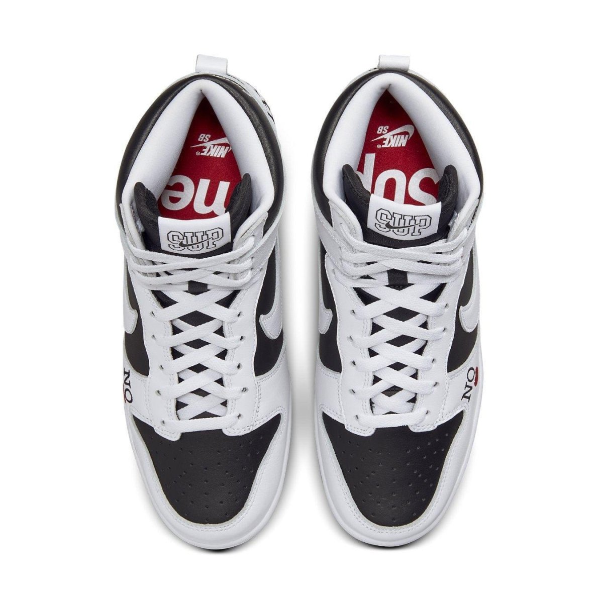 Nike SB Dunk High Supreme 'By Any Means' sneakers in black and white, top view showcasing design details.
