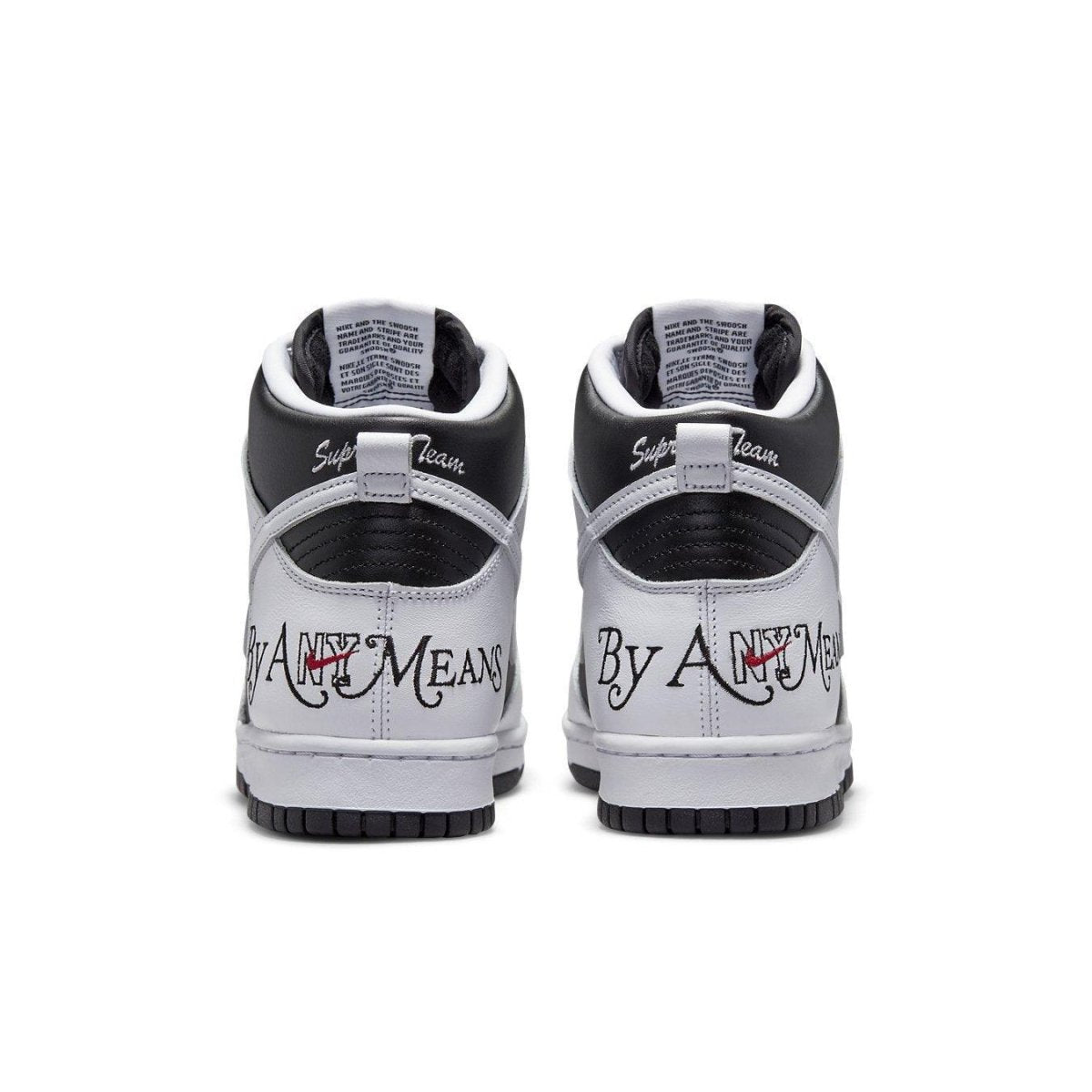 Nike SB Dunk High Supreme 'By Any Means' in black and white with signature detailing on the back.