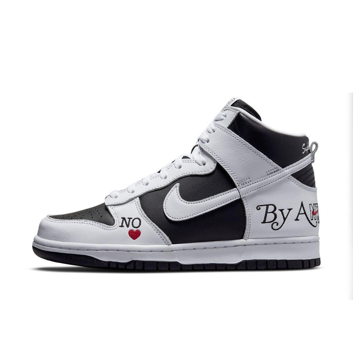 Nike SB Dunk High Supreme 'By Any Means' in black and white leather with unique design details.