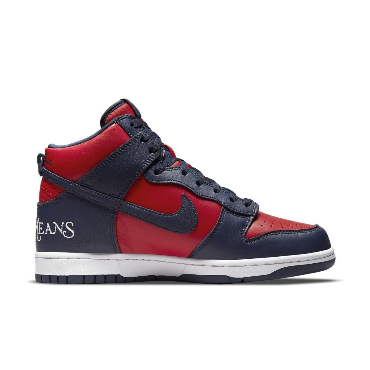 Nike SB Dunk High Supreme By Any Means Navy sneaker in red and navy colorway, showcasing varsity-inspired design.