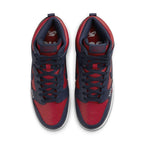 Nike SB Dunk High Supreme By Any Means in Red and Navy colorway, featuring leather upper and lace-up design.