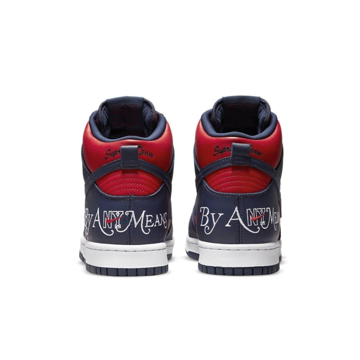 Nike SB Dunk High Supreme 'By Any Means' in Red Navy, showcasing sleek leather and bold branding on the rear.
