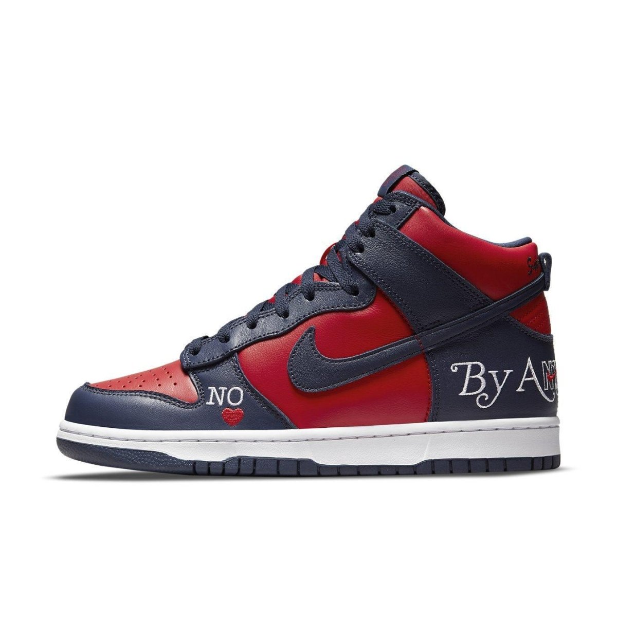 Nike SB Dunk High Supreme By Any Means in Red Navy colorway with leather upper and branding details.