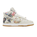 Nike SB Dunk High Supreme Rammellzee sneaker featuring bold graphic art and light ivory canvas upper.
