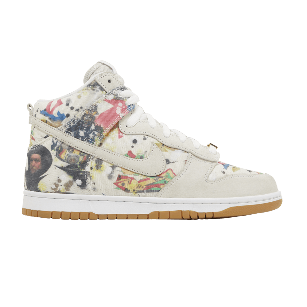 Nike SB Dunk High Supreme Rammellzee sneaker featuring bold graphic art and light ivory canvas upper.