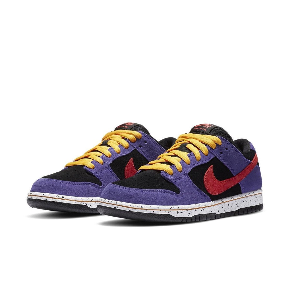 Nike SB Dunk Low ACG Terra sneakers featuring vibrant colors, suede panels, and a speckled white midsole.