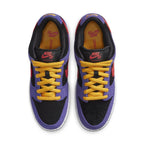 Nike SB Dunk Low ACG Terra sneakers in black, purple, featuring yellow laces and vibrant retro design.